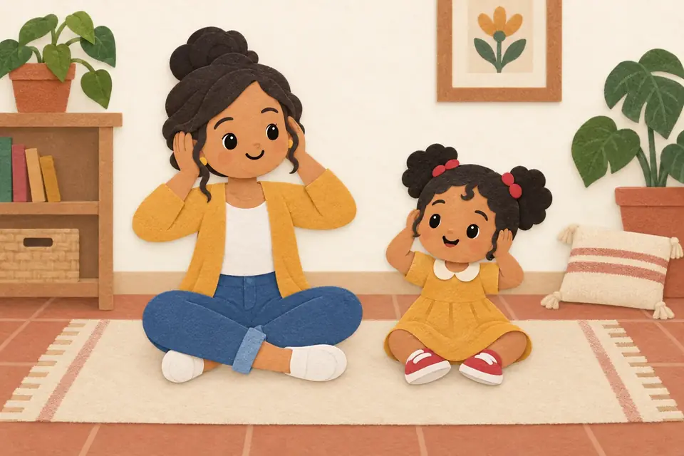Una mamá sentada con las manos en las orejas frente a una niña sentada en el piso.