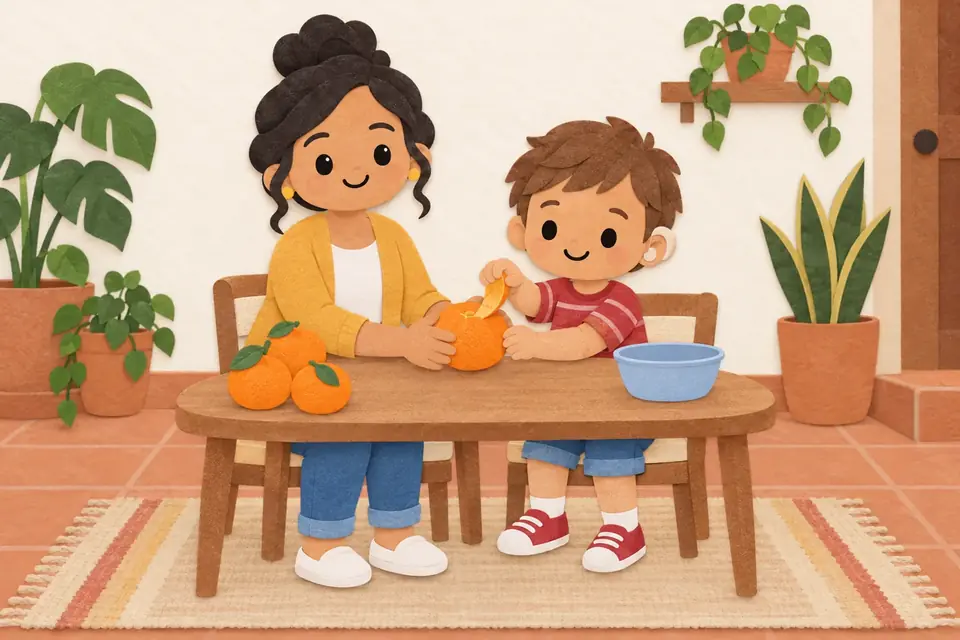Una mamá y un niño pelan mandarinas en una mesa baja con un tazón azul.