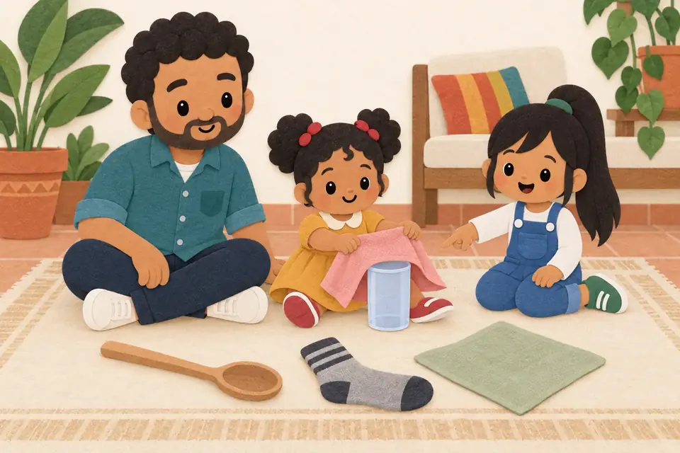 Un papá con dos niñas en el piso, con una cuchara de madera, un vaso, un calcetín y un paño.