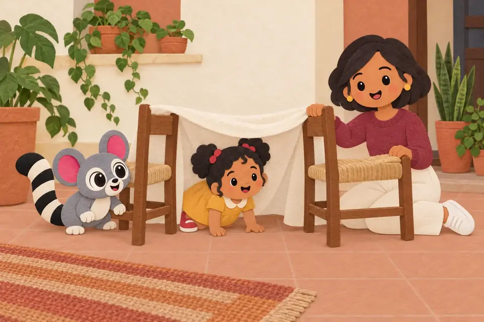 Una niña gatea hacia un túnel hecho con dos sillas y una sábana, y una mamá lo sostiene.