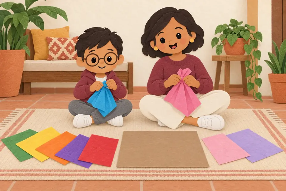 Una mamá y un niño acomodan hojas de papel de china de colores sobre un cartón.