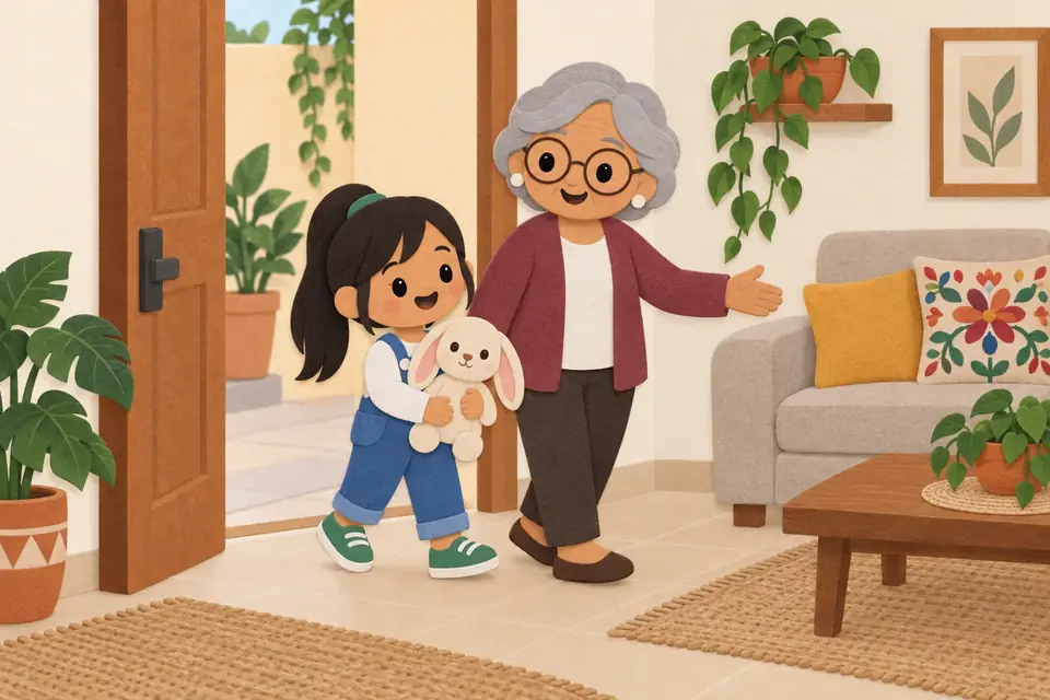 Una niña con un peluche llega a la puerta de la casa y una abuela la recibe.