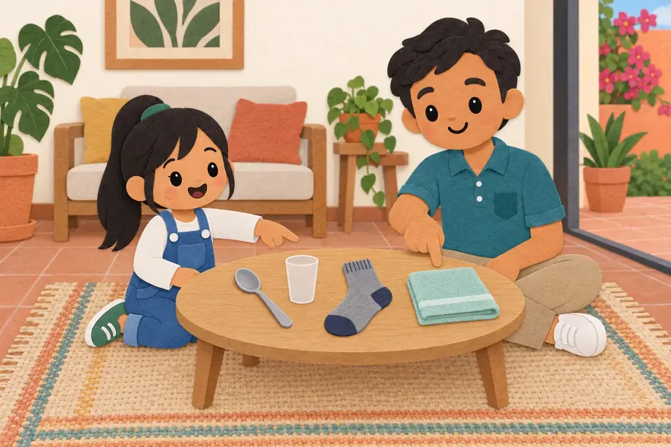 Un papá y una niña alrededor de una mesa baja con una cuchara, un vaso, un calcetín y una toalla.