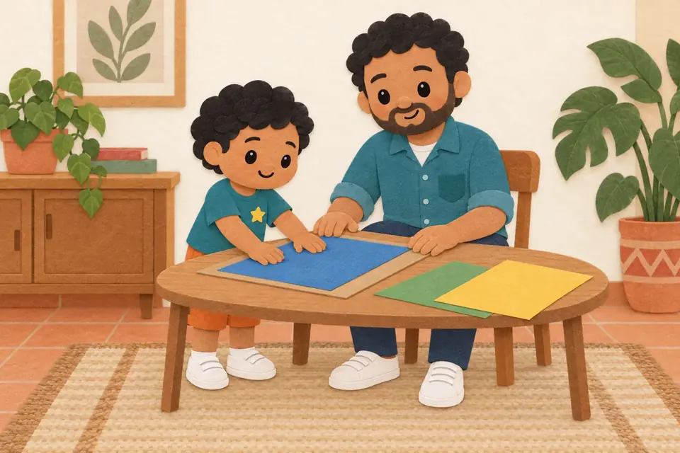 Un papá y un niño colocan papel de colores sobre un cartón en una mesa baja.