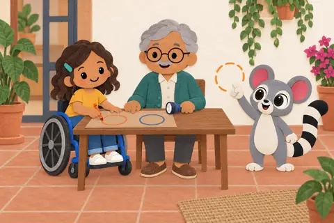 Un abuelo y una niña en silla de ruedas dibujan círculos en una bolsa de papel sobre una mesa.