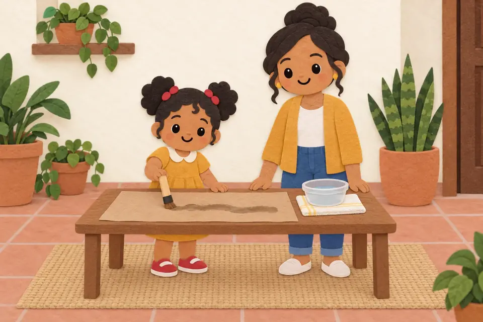 Una mamá y una niña pintan líneas de agua con un pincel sobre papel en una mesa baja.