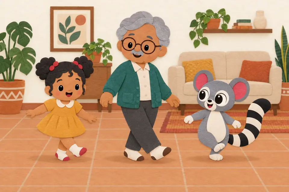 Una abuela, una niña y un animalito de cola rayada caminan en curvas por la sala.
