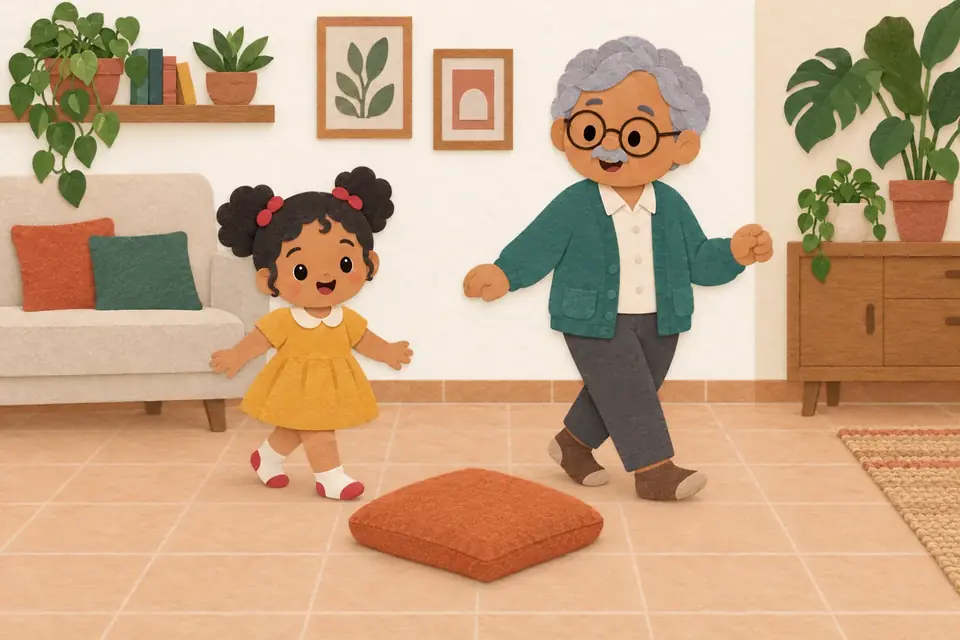 Una niña y un abuelo caminan despacio alrededor de un cojín firme puesto en el piso.
