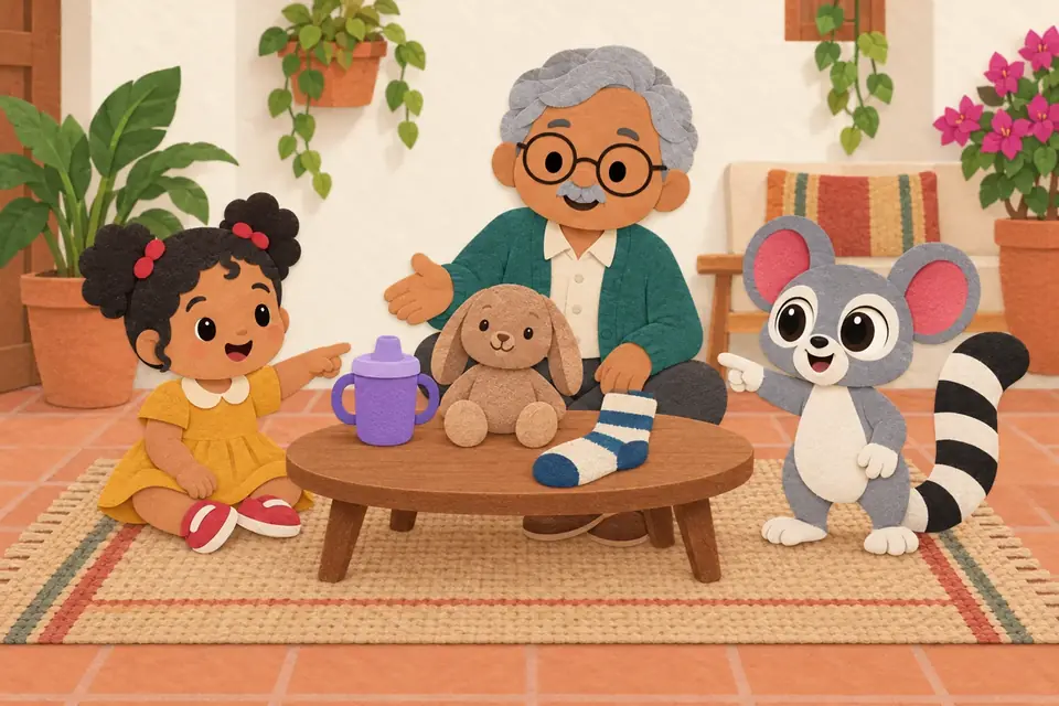 Una abuela y una niña juegan a la lotería con un peluche, un calcetín y un vaso sobre una mesa baja.