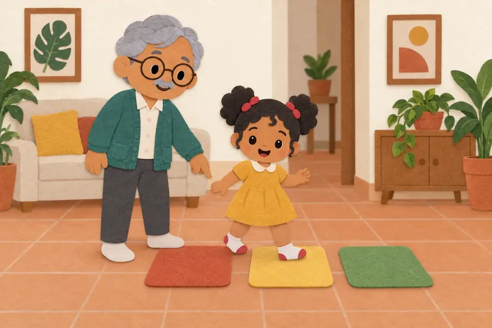 Un abuelo y una niña caminan por tres cuadros de colores seguidos en el piso de la sala.