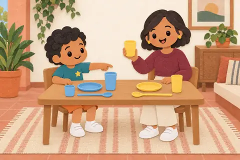 Una mamá y un niño sentados a una mesa con tazas, platos y vasos de plástico.