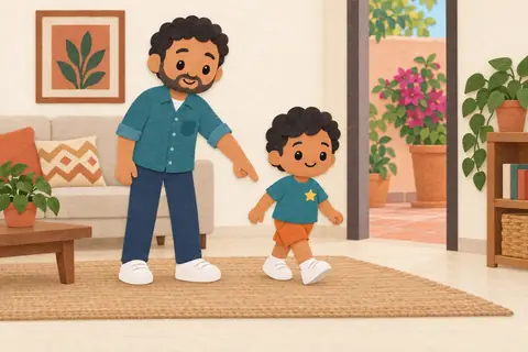 Un papá señala el piso a un niño que camina hacia el lugar que le indica.