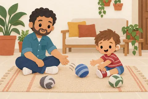 Un papá y un niño sentados en el piso de la sala ruedan pelotas suaves y bolas de calcetín sobre un tapete.
