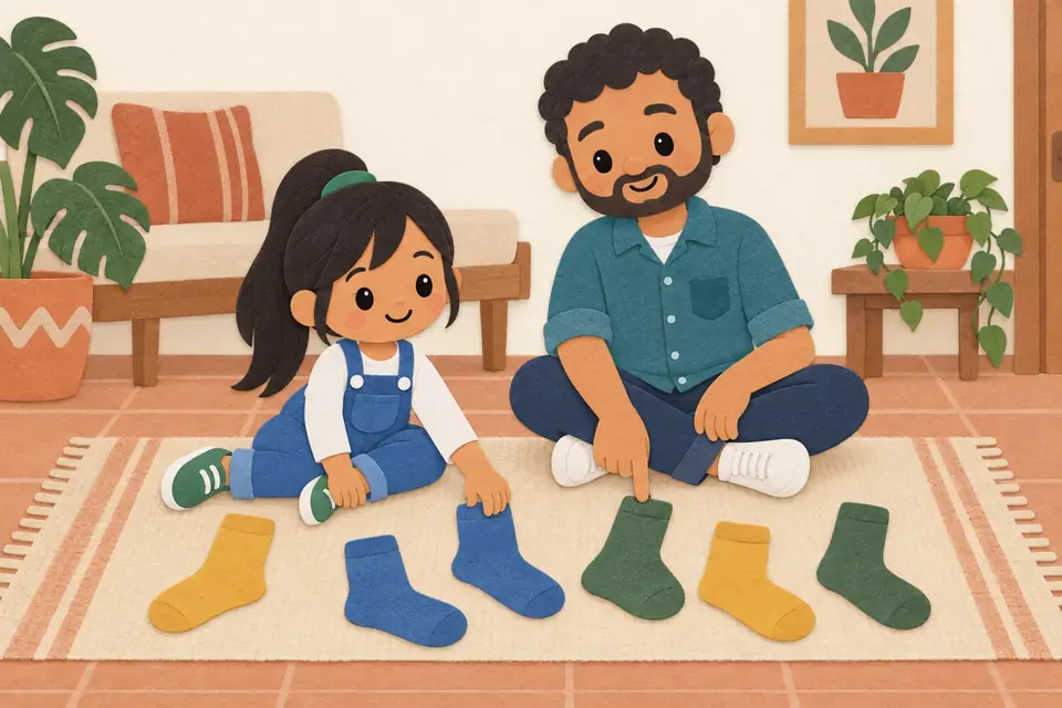 Un papá y una niña sentados en el piso con tres pares de calcetines de colores.