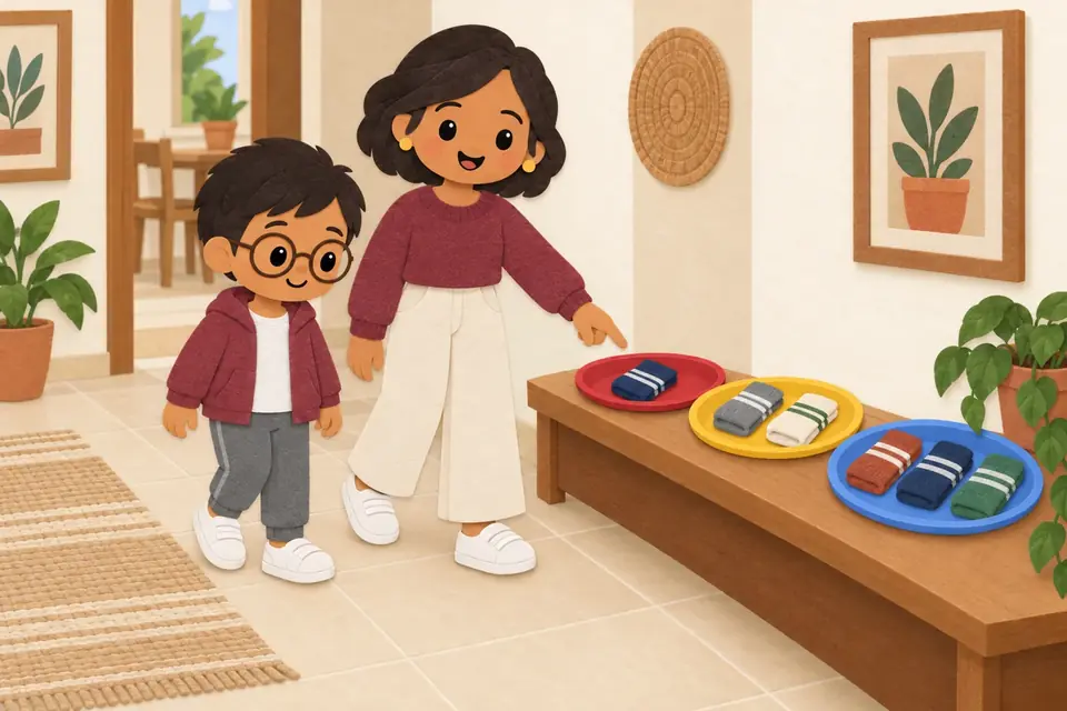 Una mamá y un niño junto a tres platos de colores que tienen calcetines doblados.