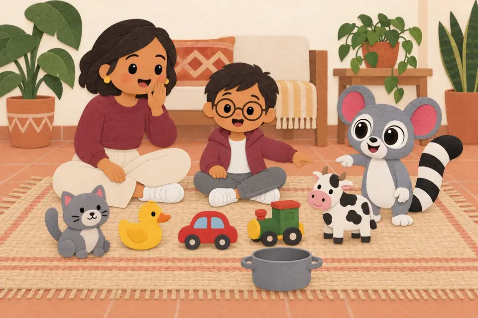 Una mamá y un niño en el piso con juguetes de gato, pato, carro, tren y vaca, y una olla.