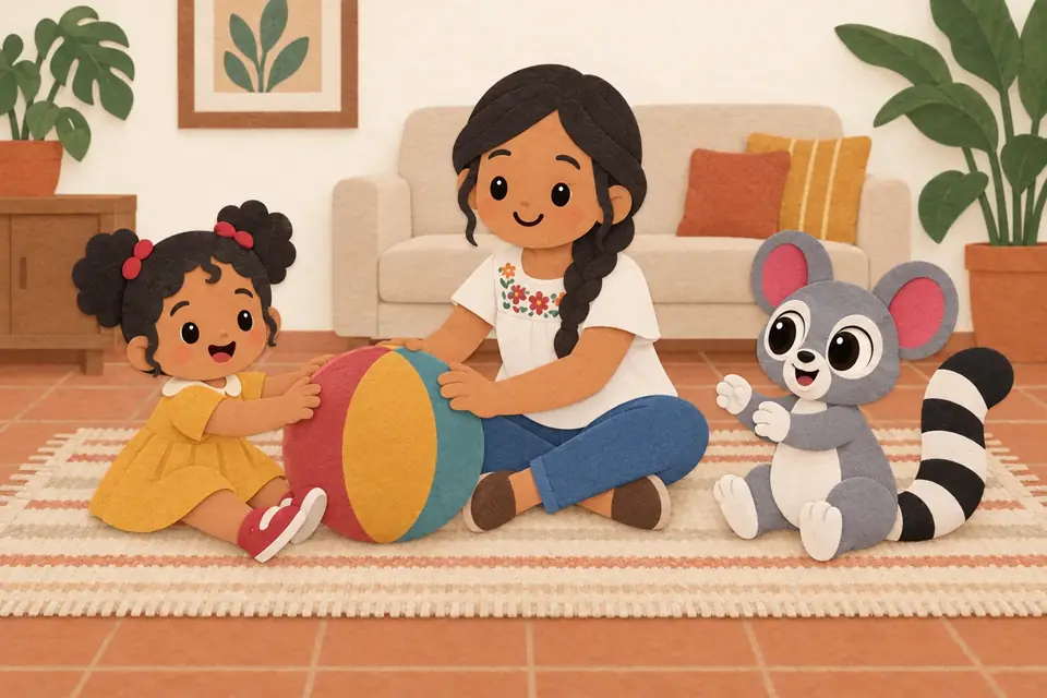 Una mamá sentada en el piso frente a una niña que empuja una pelota grande de colores.