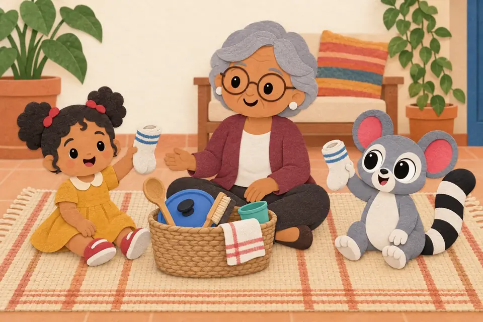 Una abuela, una niña y un animalito de cola rayada exploran una canasta de cosas de la casa.
