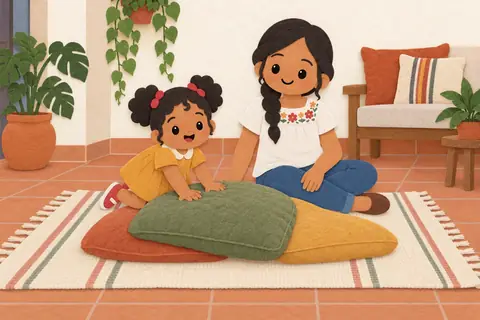 Una mamá y una niña junto a una montaña baja de cojines puesta sobre una cobija.