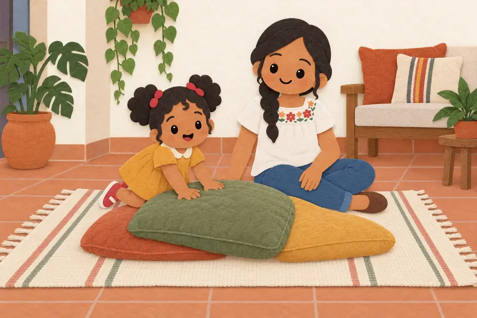 Una mamá y una niña junto a una montaña baja de cojines puesta sobre una cobija.