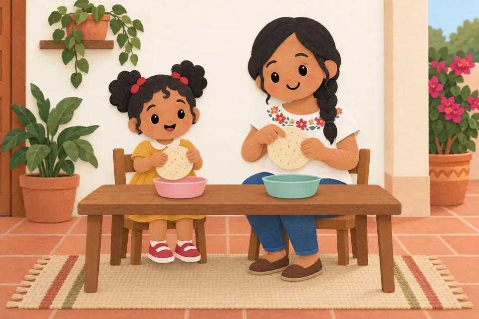 Una mamá y una niña parten tortillas en una mesa baja con un tazón.