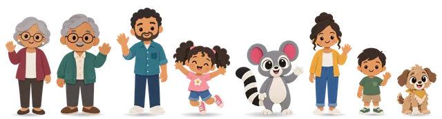 Una familia hecha personajes: abuela, abuelo, papá, una niña, Farolera, mamá, un niño y su perro.