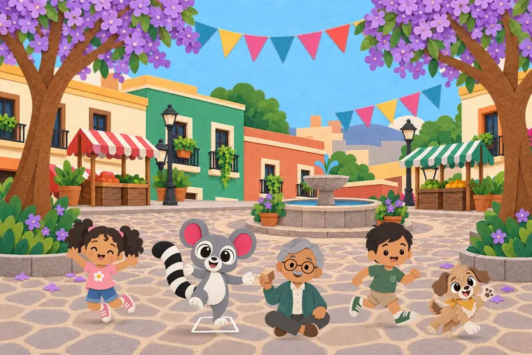 Una plaza con papel picado: una niña salta, Farolera juega avioncito, el abuelo juega sentado en el piso, un niño corre y el perro saluda.