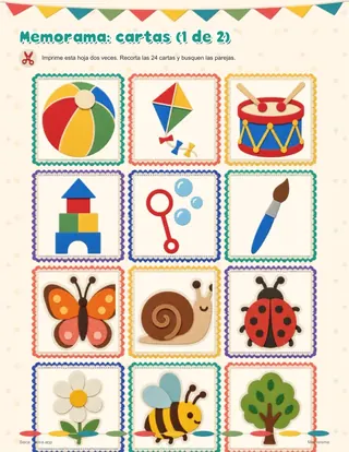 Hoja de memorama con cartas ilustradas.